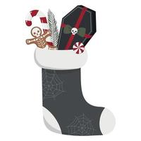 Creepy Christmas sock with black coffin gift, gingerbread skeleton man cookie, and candies. Vector illustration. Isolated on white background.
