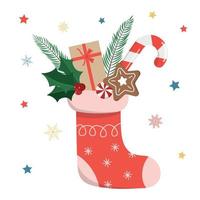 Christmas sock with gift box, candy, cookie and leaves. Vector illustration. Isolated on white background