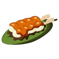 dango solo garabato. dulce japonés en una hoja de plátano. ilustración de dibujos animados de garabatos. vector