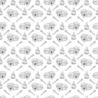 Sakura mochi pattern8. Seamless pattern with two cute sakura mochi characters with sakura flower and cup of matcha tea. Doodle cartoon vector illustration.