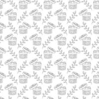 Manju pattern8. Seamless pattern with freshly cooked Japanese manju patties. Doodle black and white cartoon vector illustration.