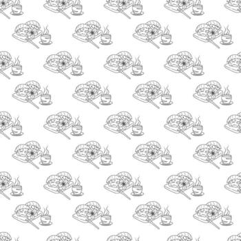 Sakura mochi pattern6. Seamless pattern with two cute sakura mochi characters with sakura flower and cup of matcha tea. Doodle cartoon vector illustration.