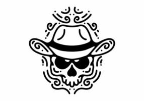 Skull with cowboy hat Black and white line art mono line tattoo vector