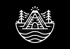 Wood cabin, mountain and pine tree Black and white line art mono line tattoo vector