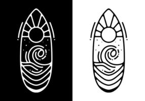 Big sun and wave inside surfing board Black and white line art mono line tattoo vector