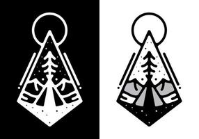 Camping tent and pine tree Black and white line art mono line tattoo vector