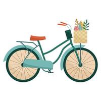 bicicleta retro plana con cesta de flores vector