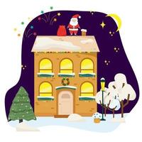 Christmas snowy house outside interior with winter landscape vector