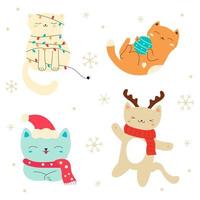 Collection of Christmas cats isolated on white background.  For winter New year and Christmas. Kitties in hats and scarfs. Stock vector illustration