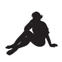 Young women sitting on ground with horizontal photo model pose. Vector human icon silhouette. Simple flat person drawing with black shape isolated on white background.