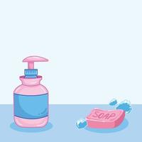 Pink soap bottle and bar soap with square shaped vector background illustration. Wallpaper with empty copy space for text placement. Drawing with cartoon flat art style. Printable and cute.