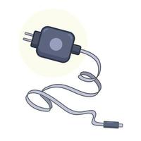 dibujo de ilustración de vector de cargador de teléfono móvil con dibujos animados simple arte de línea limpia y colores. cargador usb de color oscuro y negro de voltaje para teléfono aislado con fondo blanco y verde