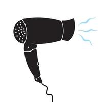 Electronic hair dryer object vector icon silhouette. Tools at salon or home to dry hair with black color. Simple flat pictogram drawing isolated on plain white background.