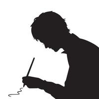 Young man with short hair doing writing pose from side view vector icon silhouette. Simple flat black shaped pictogram isolated on plain white background.