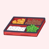 caldo bento de arroz japonés o coreano con bola de rollo de huevo de camarones de pollo, teriyaki de carne de res bulgogi y vegetales de ensalada de lechuga. Ilustración de vector de caja de almuerzo con estilo plano de dibujos animados.