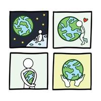 Save and love earth themed vector illustration icon. Go green and hugging the earth with white stickmans illustrations. Isolated simple and fun doodle on white background. Cartoon styled art.