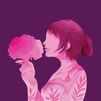 Young women with beautiful dress is sniffing a bouquet of flowers from side view. Pink colored monochrome silhouette drawing with brush strokes grunge textured illustration. Isolated artwork. vector
