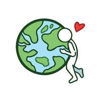 White simple doodle styled stick man hugging the earth simple vector icon illustration with heart decoration. Outlined pictogram isolated on white background with cartoon art style for earth day theme