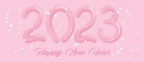 2023 calendar pink cover concept. Festive pink background with 3d numbers 2023 and snow. Vector template for a Happy New Year greeting banner, poster or postcard. Vector illustration.