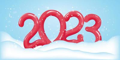 Winter 2023 calendar cover. Festive snow background with 3d numbers 2023. Vector template for a Happy New Year or Merry Christmas greeting banner, poster or postcard. Vector illustration.