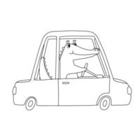 Cute Crocodile character driving in car. Funny Alligator isolated on white. Outline Vector Illustration for coloring book