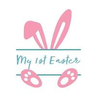 My first Easter vector design with bunny ears. Number with rabbit. Easter quote for baby. Vector illustration greeting card template isolated on white