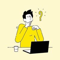 Man thinking hand on chin with laptop and Question Symbol Hand drawn cartoon character, Flat line illustration design. Problem solving concept vector