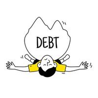 Man under debt mountain doodle cartoon character. Tax, debt and loan crisis and bankruptcy concept. Flat line illustration design vector