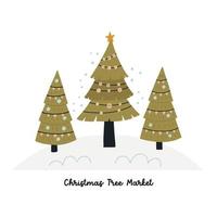 Isolated Christmas green trees market with garland. New Year Bright Xmas holiday composition on white background vector