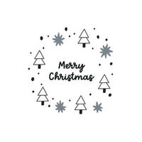 Christmas frame of isolated snowflake tree with lettering Merry Christmas. Flat holiday element New Year in doodle style for print t-shirt, banner, flyer and other design vector