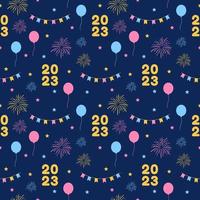 feliz año nuevo 2023 diseño de patrones sin fisuras con decoración en plantilla ilustración plana de dibujos animados dibujados a mano vector