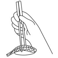 Hand holding a chopsticks with ebi nigiri.Line art nigiri illustration.Nigiri sushi with shrimp vector