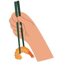 mano sosteniendo palillos con tempura de camarones. vector