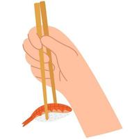 mano sosteniendo palillos con ebi nigiri. sushi nigiri con gambas vector