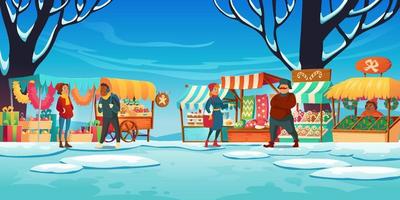 Christmas market with stalls sellers and customers vector