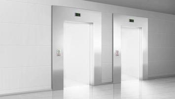 Empty hallway with light from open elevators doors vector