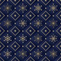 Seamless staggered geometric pattern with small 6 side snowflakes, rhombuses made of jewelry gold, silver chains and shiny ball beads. Square blue geometric grid on background vector