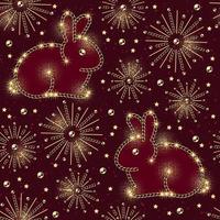 Seamless pattern with stars, fireworks, cute rabbit made of jewelry gold chains. Small shiny stars, sparkles on deep red background. vector