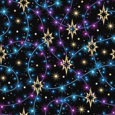 Pattern with festive colorful garland, lights, golden Bethlehem star. Purple, blue, glowing sparkles, stars on wire strings. Decorations for Xmas, New Year holidays No transparency