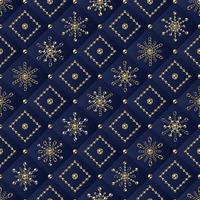 Seamless diagonal geometric pattern with small 6 side snowflakes, rhombuses made of jewelry gold, silver chains and shiny ball beads. Square blue geometric grid on background vector