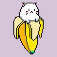 8 bit cute white kitten on peeled banana. Pixel art. Creative banana with funny cat inside. Domestic animal icon. Retro vintage 80 90s slot machine video game graphics. For presentation, sticker, icon vector