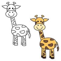 Vector illustration of kids coloring book page with outlined clipart to color. Black and white cute cartoon giraffe. Color picture. Cartoon animal. Kids game. Learning by playing. Task for children