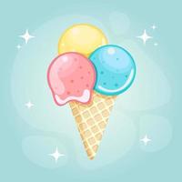 Delicious fruit ice cream in waffle cone on light gradient background. Lemon, strawberry and mint ice cream balls. Cute vector illustration. Summer pastel colors. Flat design desert icon