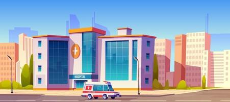 Hospital clinic building with ambulance car truck vector