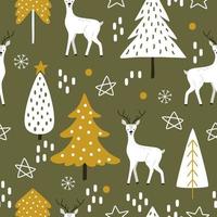 Hand-drawn white deer with Christmas trees in Scandinavian style on a green background. Seamless vector pattern with wild animals in wood for fabric or bedclothes. Print for New Year or autumn