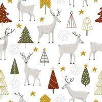 Hand-drawn gray deer with Christmas trees and abstract decor in Scandinavian style. Seamless vector pattern with wild animals for wallpaper or wrapping paper for New Year and Christmas winter holidays