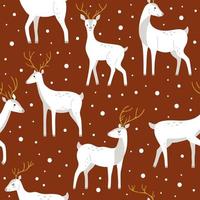 Hand-drawn winter white deer with snow on a red background in cute style. Seamless vector pattern with wild animals for wallpaper or wrapping paper for New Year and Christmas winter holidays