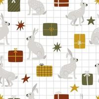 Cute gray rabbits with gift boxes on checkered background. Seamless vector pattern for birthday or Christmas. Print for celebration party and gifts