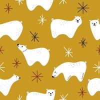 White bears with stars on a yellow-gold background. Seamless vector winter pattern. Print for the celebration of New Year holidays and Christmas