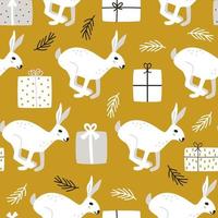 White hand drawn cute bunnies with gift boxes and Christmas tree branches on yellow background. Seamless vector winter pattern for celebrating Christmas and New Year holidays